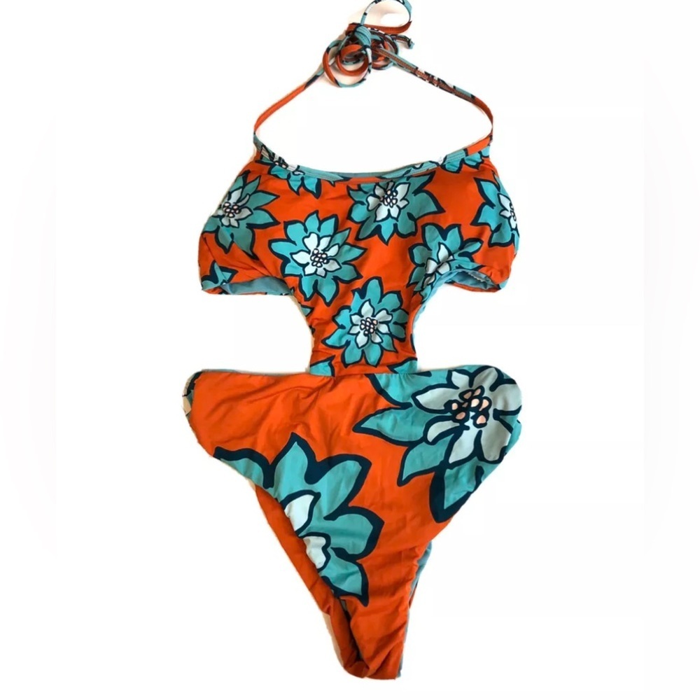 Bikini Lab, Women’s Cut Out Halter One Piece Swimsuit, Orange,Floral, Size S